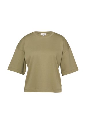 Lockeres, olivgrünes T-Shirt mit kurzen Ärmeln, rundem Ausschnitt und sichtbaren Nahtdetails an Ärmeln und Saum.