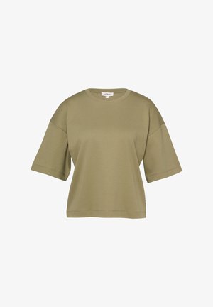 T-shirt verde oliva a maniche corte, taglio ampio, con scollo rotondo e dettagli di cuciture visibili su maniche e orlo.