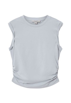 Lichtgrijze mouwloze blouse met geplooide zijkanten en een ronde hals, gemaakt door AllSaints, maat small.