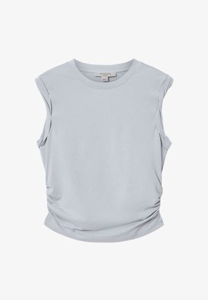 Lichtgrijze mouwloze blouse met geplooide zijkanten en een ronde hals, gemaakt door AllSaints, maat small.