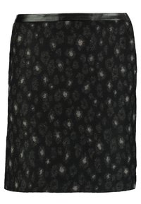 Falda negra con acabado texturizado y peludo, con un sutil patrón de estampado de leopardo en gris. Terminada con una cinturilla de cuero negro.