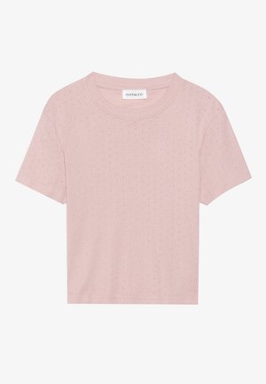 Short-sleeve cotton t-shirt in light pink with textured dot pattern, crew neckline, and relaxed fit. Lightweight and breathable material.