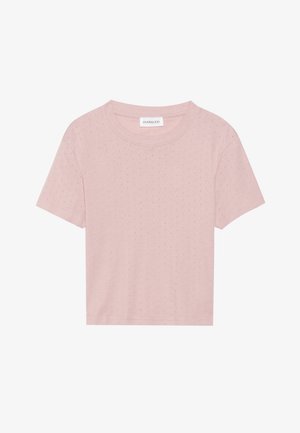 Lühikeste varrukatega puuvillane T-särk heleses roosas värvitoonis, millel on tekstuuriga täppmustrit, ümar kaelus ja mugav lõige. Kerge ja hingav materjal.