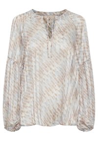 Blusa leggera a fantasia in un morbido beige e colori pastello. Presenta un collo a V con un fiocco, maniche lunghe con polsini arricciati e una vestibilità comoda.