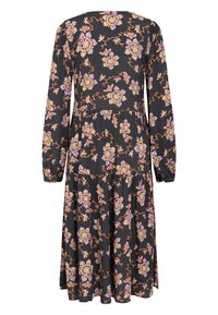 Black dress with long sleeves, floral pattern in pink and orange, waistband detailing, and tiered skirt design. Soft fabric texture.