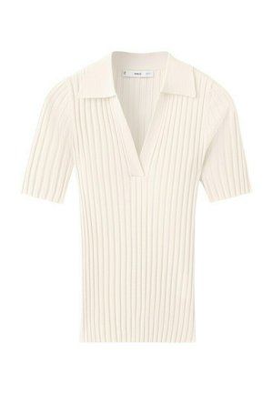 Bílý žebrovaný pletený krátký rukáv s hlubokým výstřihem do V a širokým límcem, s vertikálními texturovanými liniemi po celém oblečení.