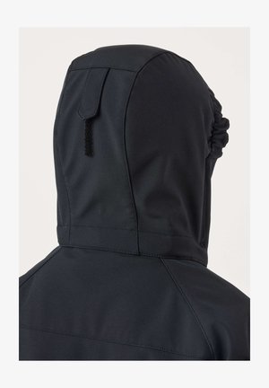 Schwarze Kapuzenjacke von hinten, zeigt verstellbaren Riemen und elastisches Detail auf einer Seite der Kapuze.
