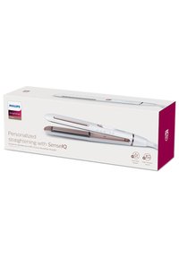 De verpakking van de Philips-stijltang heeft een glanzend witte en roségouden ontwerp, met een prominent logo en productdetails op een witte achtergrond.