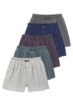 Fünf Paare Boxershorts in verschiedenen Farben: grau, dunkelgrau, marineblau, dunkelviolett und türkis. Jede hat einen elastischen Bund und Knöpfe.