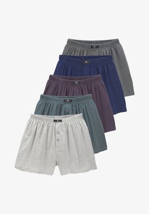 Five pairs of boxers in various colors: gray, dark gray, navy, dark purple, and teal. Each has an elastic waistband and buttons.