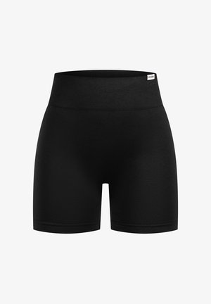 Czarne spodenki sportowe z szerokim, prążkowanym pasem. Wykonane z gładkiego, elastycznego materiału; mają prosty, schludny design.