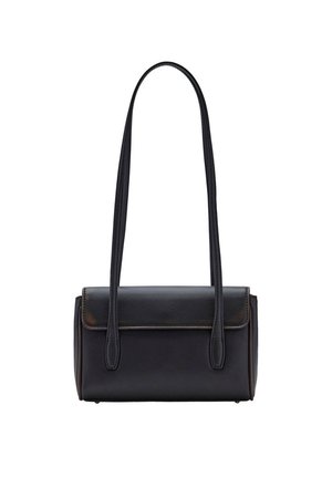 Sac à main rectangulaire en cuir noir avec longues bretelles fines et fermeture à rabat, présenté sur fond blanc.