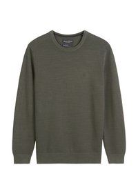 Olive green sweater, round neckline, long sleeves, textured knit fabric, subtle logo on the chest, ribbed cuffs and hem.