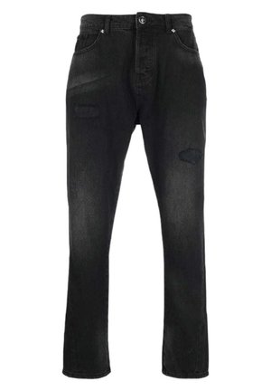 Jeans in denim nero con una vestibilità dritta, vita a media altezza e dettagli strappati sulle ginocchia. Presentano un bottone in metallo e un classico design a cinque tasche.