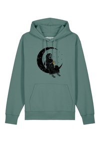 Kapuzen sweatshirt in teal met een voorzak. Heeft een grafisch ontwerp van een skelet dat op een halve maan zit met steraccenten.