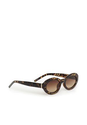 Lunettes de soleil écaille de tortue marron et noire de forme ovale, avec des verres dégradés marron et des branches larges ornées d'un motif subtil et d'accents argentés.