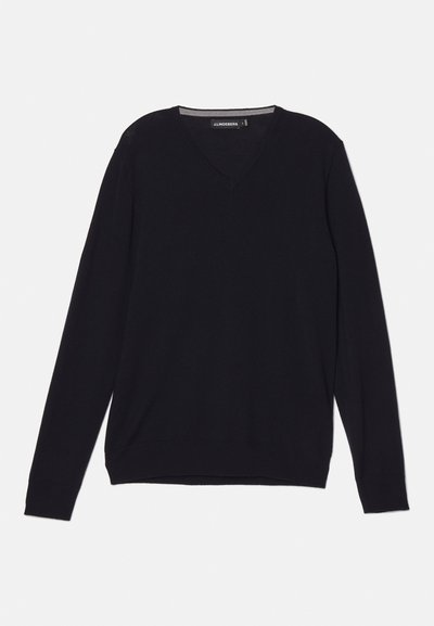 Pull noir à manches longues avec col en V, fabriqué à partir d'un tissu léger et lisse. Comprend des poignets et un ourlet côtelés pour une apparence ajustée.