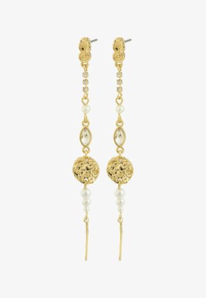 Náušnice visiace vo zlatom tóne s textúrovanými okrúhlymi disky, čistými kryštálmi a tromi bielymi perlami, s elegantným predĺženým dizajnom.