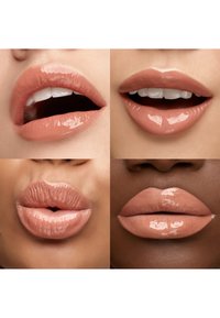 Neljä lähikuvaa monimuotoisista huulista, jotka käyttävät kiiltäviä nudensävyisiä huulipunia eri ilmeissä neutraalia taustaa vasten.