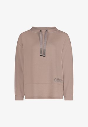 Rosa Pullover-Sweatshirt mit rundem Ausschnitt, langen Ärmeln, Kapuze mit Kordelzug und Strasssteinverzierung, die "CHINE" am Saum buchstabiert.