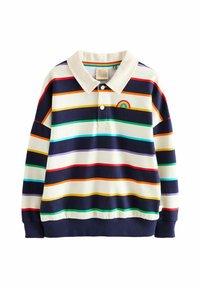 Gestreifter Pullover mit weißem Grund, der horizontale Streifen in Marineblau, Rot, Grün und Orange aufweist. Polokragen und kleines Regenbogenstickdetail.