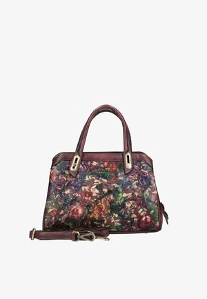 Handtasche mit dunkelroten Griffen und abnehmbarem Riemen, mit mehrfarbigem Blumenmuster und metallischem Logo auf der Vorderseite.