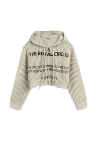Haut en tricot beige cropped avec une surface texturée, capuche avec cordon de serrage et texte imprimé noir sur le devant. Présente un ourlet festonné.