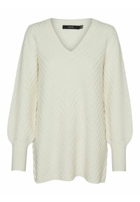 Cream-colored knitted pullover with a V-neck, featuring a textured zigzag pattern and voluminous sleeves with ribbed cuffs.