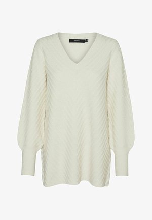 Kremowy sweter z dzianiny z dekoltem w serek, z teksturowanym wzorem w zygzaki oraz obszernymi rękawami z prążkowanymi mankietami.