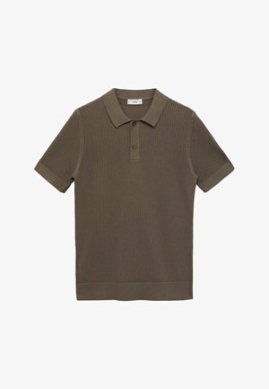 Polo majica v olivno zeleni barvi, narejena iz strukturirane pletenine, s kratkimi rokavi, ovratnikom in dvema gumboma ter rebrastimi manšetami.