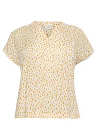 Blouse à manches courtes avec un col en V, présentant un fond blanc et un motif abstrait à taches orange et jaune. Tissu doux.