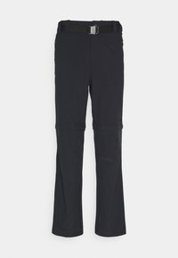 Pantalon d'extérieur noir, léger et extensible, avec une ceinture sécurisée, des poches latérales zippées et des jambes inférieures amovibles par zip pour plus de polyvalence.