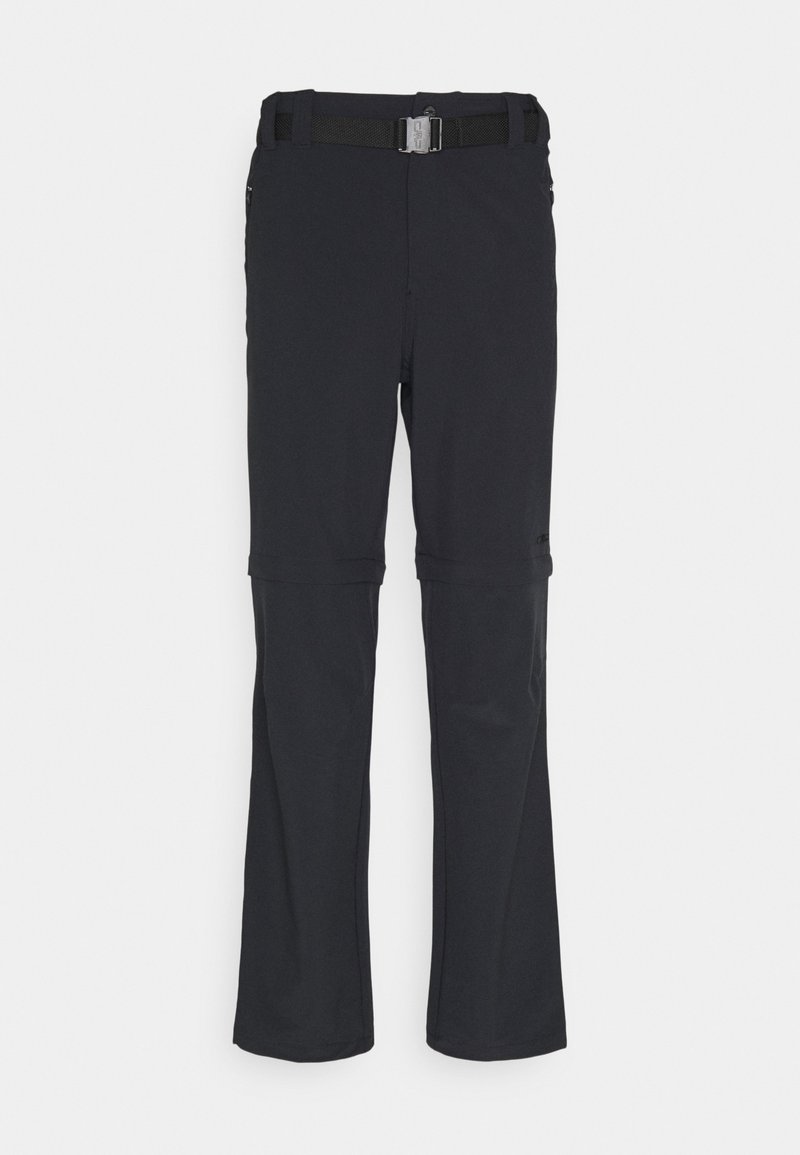 Pantalon d'extérieur noir, léger et extensible, avec une ceinture sécurisée, des poches latérales zippées et des jambes inférieures amovibles par zip pour plus de polyvalence.