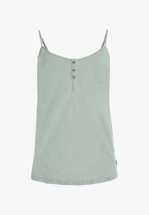 Jasnozielony, bezrękawnik wykonany z miękkiego materiału. Charakteryzuje się prostym krojem, regulowanymi ramiączkami oraz trzema guzikami z przodu.