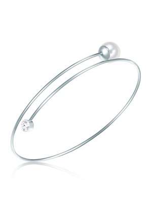 Silberdrahtarmband mit einem sphärischen Perlenakzent und einem kleinen runden klaren Edelsteindetail, das ein minimalistisches offenes Design aufweist.