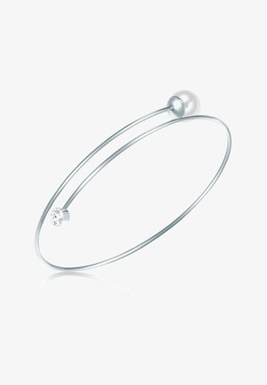 Sølvtrådsarmbånd med en sfærisk perleaccent og en lille rund klar ædelstensklaring, som har et minimalistisk åbent design.