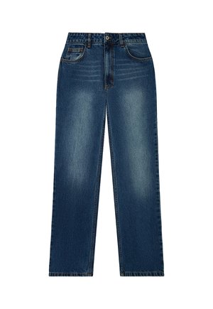 Ciemnoniebieskie dżinsy z prostymi nogawkami, pięcioma kieszeniami, wyblakłym przodem oraz zapięciem na guzik i suwak.