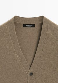 Beige wool cardigan with a V-neck, featuring a single black button closure and a label reading "Massimo Dutti." Smooth texture, simple design.