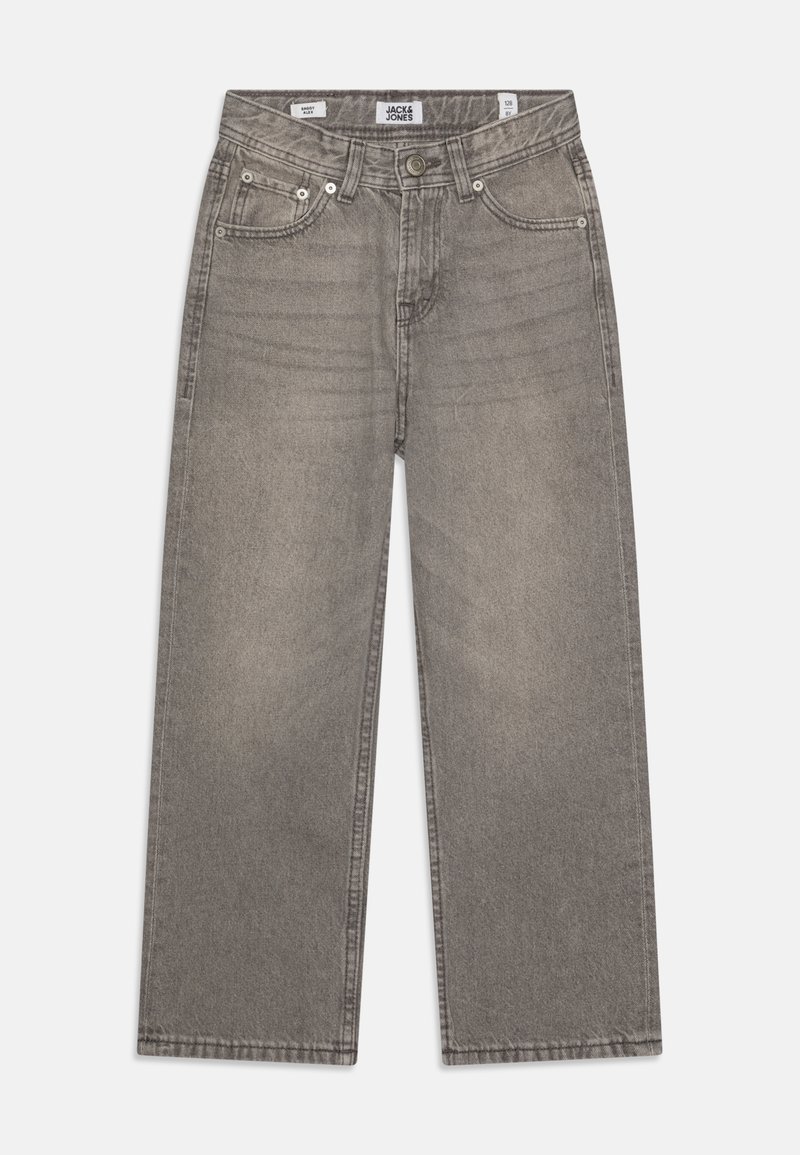 Grijze denim jeans met wijde pijpen en vijf zakken. Voorzien van een knoopsluiting en riemlussen. Zachte textuur met een iets vervaagde afwerking.