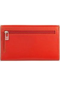 Red leather wallet with a smooth texture, featuring a zippered pocket and contrasting yellow stitching along the edges.