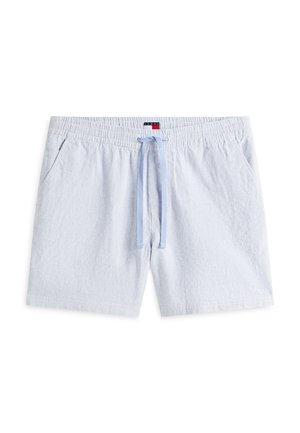 Hellblaue, gestreifte Herren-Shorts mit elastischem Bund, Kordelzug und seitlichen Taschen, flach auf weißem Hintergrund liegend.