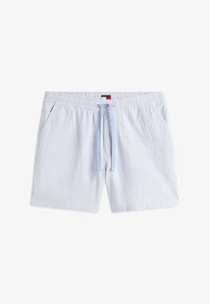 Hellblaue, gestreifte Herren-Shorts mit elastischem Bund, Kordelzug und seitlichen Taschen, flach auf weißem Hintergrund liegend.