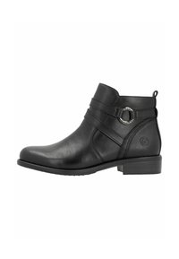 Bottines en cuir noir avec un bout arrondi, un talon bas, des sangles décoratives et un accent métallique circulaire sur le côté. Fini lisse.