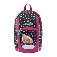 Rucksack aus schwarzem Stoff mit bunten Punkten, kastanienbraunen Akzenten, vorderer Reißverschlusstasche und einem Pferde-Patch.