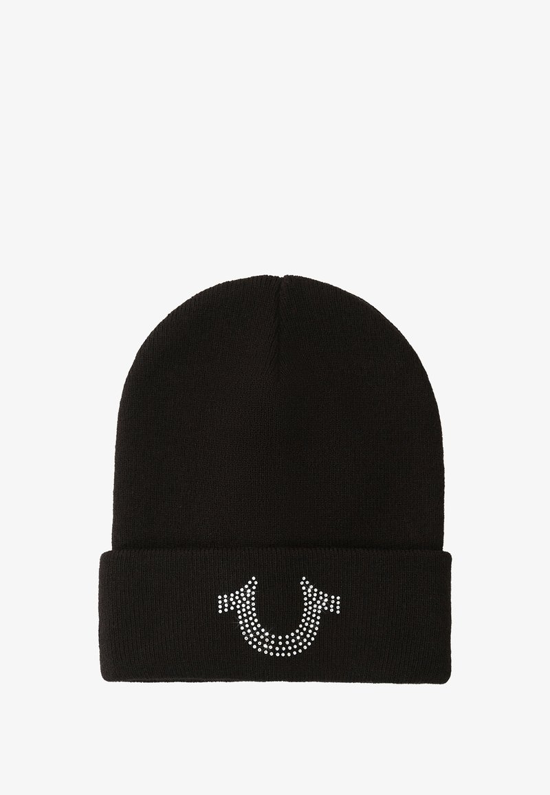 Zwarte gebreide muts met een omgeslagen boord, versierd met een strasssteentjesornament van twee pijlen. Zachte textuur, nauwsluitend ontwerp.