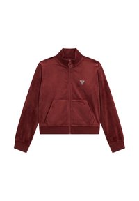 Veste zippée en velours bordeaux avec un col haut, deux poches avant et un logo triangulaire en strass sur la poitrine gauche.