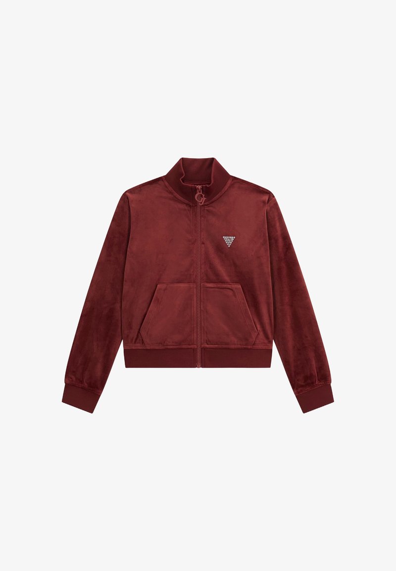 Veste zippée en velours bordeaux avec un col haut, deux poches avant et un logo triangulaire en strass sur la poitrine gauche.