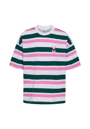 Kortærmet bomulds t-shirt med brede vandrette striber i grøn, pink og hvid, med to pink chevron-logoer på brystet.