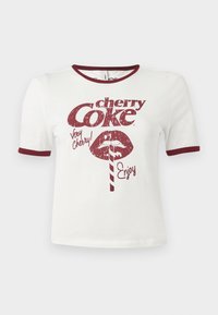 White cotton t-shirt with short sleeves, maroon collar and cuffs, featuring a retro-style graphic of lips, a straw, and the text "cherry Coke."