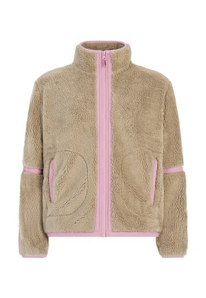 Veste en polaire beige avec des fermetures éclair et des accents roses. Présente un col haut, deux poches avant et un tissu texturé pour la chaleur.